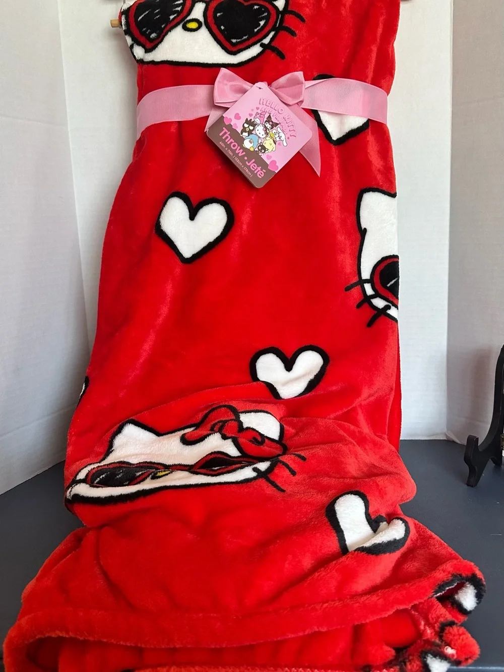 Hello Kitty Red Plush Throw Blanket with Hearts and Sunglasses Motif